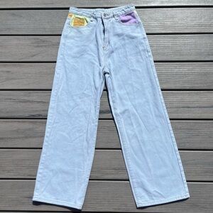 Cider; Light Blue; Wide Leg; Soft Denim; ColorBlock Pink/Green/Orange/Purple;